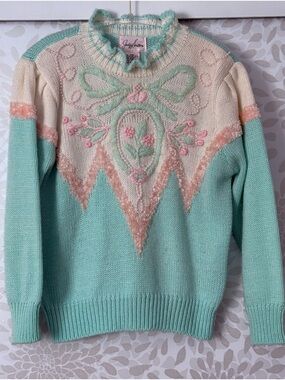 Vintage Jocelyn Smith Women’s S Flower Bow Embroidered Pearl Pullover Sweater